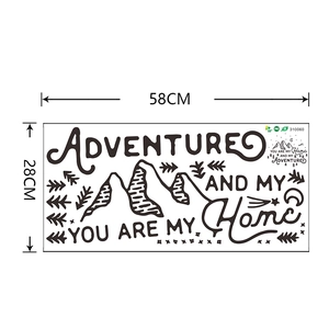 Detail of mountain wall decal showing mountain lines, spruce trees, and moon 58x28cm size