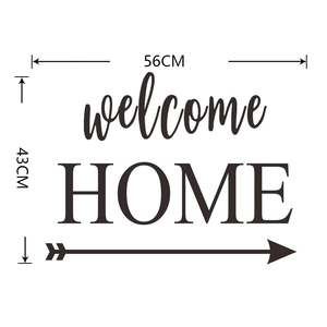 Detailed dimensions of the black Welcome Home wall decal showing 56cm by 43cm size