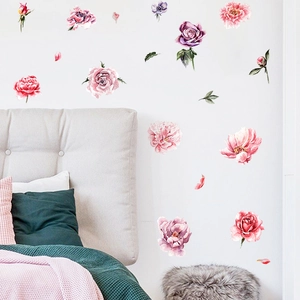 Watercolor peony and rose wall stickers for bedroom decoration with pink floral patterns