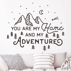 Minimalist mountain peaks wall sticker with 'You are my home and my adventure' quote