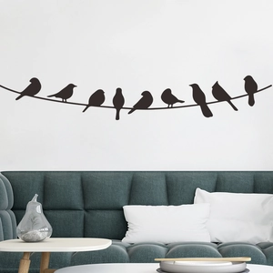Minimalist black bird silhouettes on wire wall decal for modern bedroom and living room decor