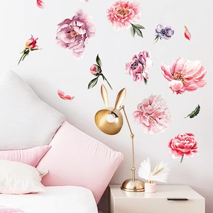 Watercolor Floral Wall Sticker PVC Peony Rose Flower Wall Decals Artistic Removable Home Decor For Bedroom Living Room