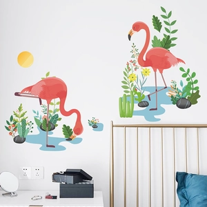 Artistic pink flamingo wall stickers with tropical leaves for bedroom decor