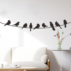 Minimalist black bird silhouettes on wire wall sticker for modern living room decor