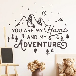 Mountain peaks wall decal with 'You are my home and my adventure' quote for bedroom decor