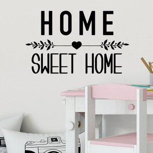 Minimalist black vinyl wall sticker featuring Sweet Home text with heart and leaf accents