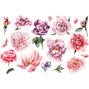 Watercolor peony and rose floral wall stickers with elegant green leaves and petals