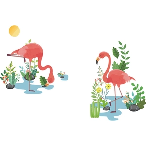 Flat vector pink flamingo wall stickers with green palm leaves for bedroom decoration