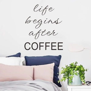 Macro detail of the life begins after COFFEE wall decal on a modern bedroom wall