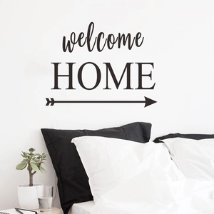 Minimalist black welcome home wall decal with arrow design for bedroom or entryway decor