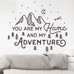 Minimalist mountain and stars wall decal with You are my home and my adventure text