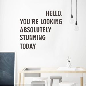 Minimalist 'Hello You Are Looking Stunning' wall decal for modern bedroom and office decor