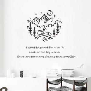 Minimalistisches Berg und Wald Wandtattoo mit Campingszene für moderne Dekoration