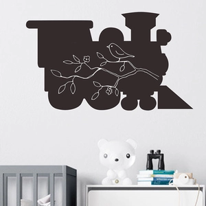 Train silhouette wall decal for kids nursery room featuring black steam engine and birds