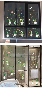 Vue détaillée des stickers de Pâques avec gnomes et trèfles sur parois en verre
