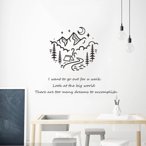 Detailansicht eines minimalistischen Wandtattoos mit Bergmotiv und englischem Spruch