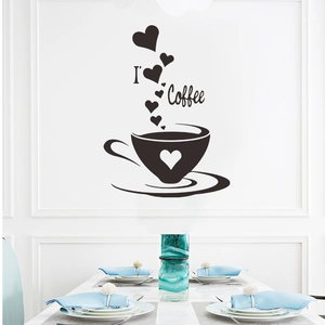 Minimalist black coffee cup wall sticker with hearts for kitchen and cafe wall decor
