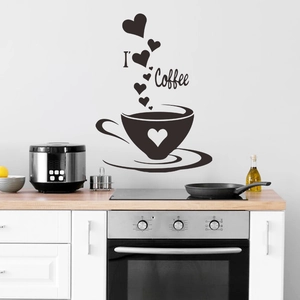 Minimalist black I Love Coffee wall decal with heart-themed cup for kitchen decor