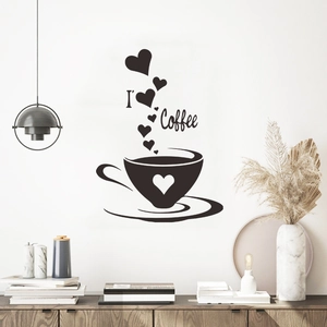 Minimalist black PVC wall sticker featuring a coffee cup and COFFEE text for home decor