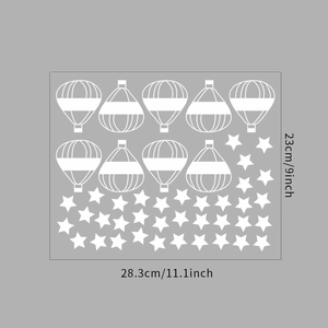 Detailed dimensions of white cartoon hot air balloon and stars wall sticker set