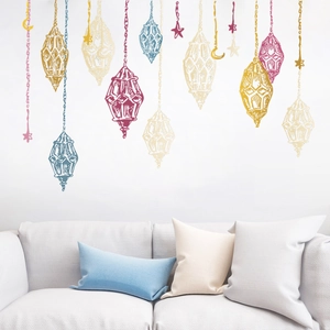 Stickers muraux avec croissants de lune et lampes suspendues de style Moyen-Orient