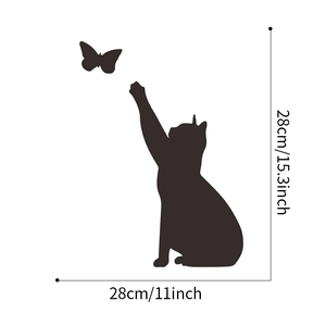 Detailed size specifications for minimalist black cat and butterfly silhouette wall sticker