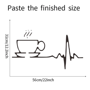 Detailed size chart for coffee heart wall decal showing 56cm width and 31cm height dimensions