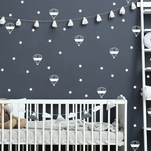 White cartoon hot air balloon and stars wall stickers for nursery and kids room decor
