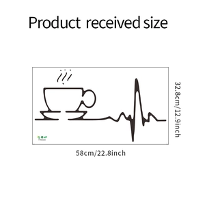 Size specifications for coffee cup and heartbeat wall sticker showing 58x32.8cm dimensions