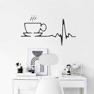 Minimalist black vinyl wall sticker with coffee cup and heartbeat line for bedroom decor