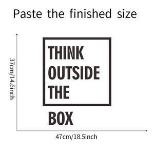 Detail view of THINK OUTSIDE THE BOX wall sticker showing 47x37cm dimensions