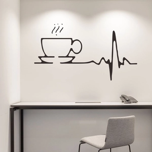 Modern Black Coffee Cup Heartbeat Line Wall Sticker Removable PVC Decal For Kitchen Bedroom Living Room Office Wall Decoration