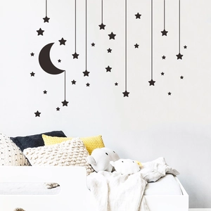 Minimalist black moon and stars wall decals set for cozy bedroom wall decoration