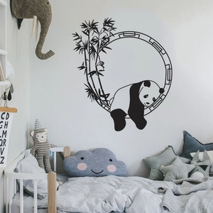 Chinese panda and bamboo wall sticker in a black circular frame for home decor