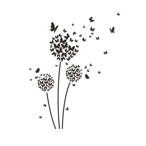 Black dandelion silhouette wall sticker with butterflies for living room decoration
