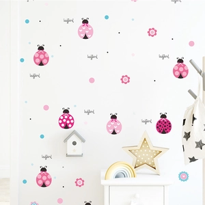 Pink ladybird wall stickers set with cartoon flowers and dots for kids' room wall decoration
