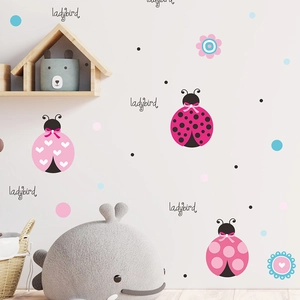 Pink Ladybug Wall Stickers With Floral Heart Pattern DIY PVC Removable Wall Decals For Kids Nursery Bedroom Home Decor