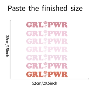 Detailed size chart for GRL PWR wall sticker showing 52cm by 38cm dimensions