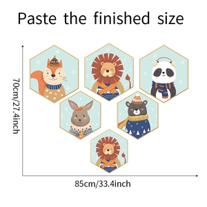 Detail view of hexagonal animal wall stickers with dimensions and cute cartoon designs