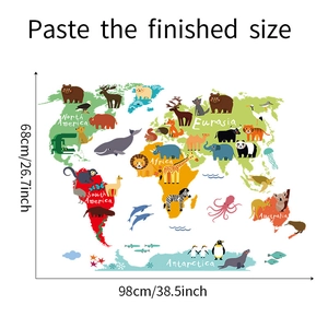 Detailed view of kids cartoon world map wall sticker with animal icons and 98x68cm dimensions