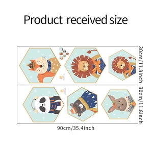 Detailed size chart of cartoon animal wall stickers measuring 90cm by 60cm in total