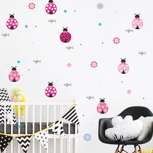 Pink cartoon ladybird wall stickers set for kids bedroom with flower and dot decals