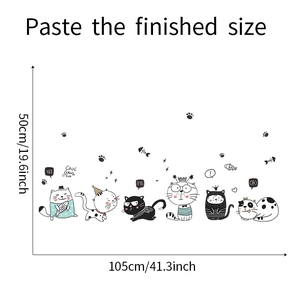 Dimensions détaillées des stickers muraux chats montrant 105cm de large et 50cm de haut