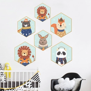 Set of 6 hexagonal winter cartoon animal wall stickers featuring lions, panda and rabbit