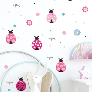 Cute pink cartoon ladybird wall stickers with floral dots for kids bedroom decor