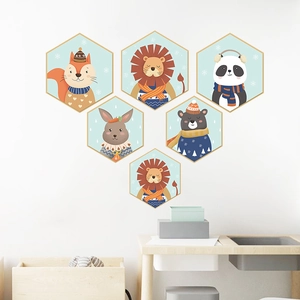 Detail of 6-piece hexagonal wall stickers with cartoon animal patterns for kids room