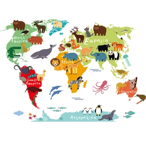 Educational world map wall sticker with colorful cartoon animals for kids bedroom