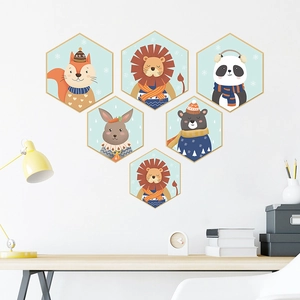 Nordic hexagonal cartoon animal wall stickers set featuring lion and panda for kids room