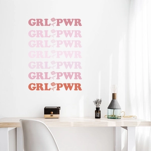 GRL PWR wall sticker with rose design in pink to orange gradient for home decor