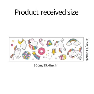 Dimensions détaillées de la planche de 30x90cm pour stickers muraux licorne et arc-en-ciel